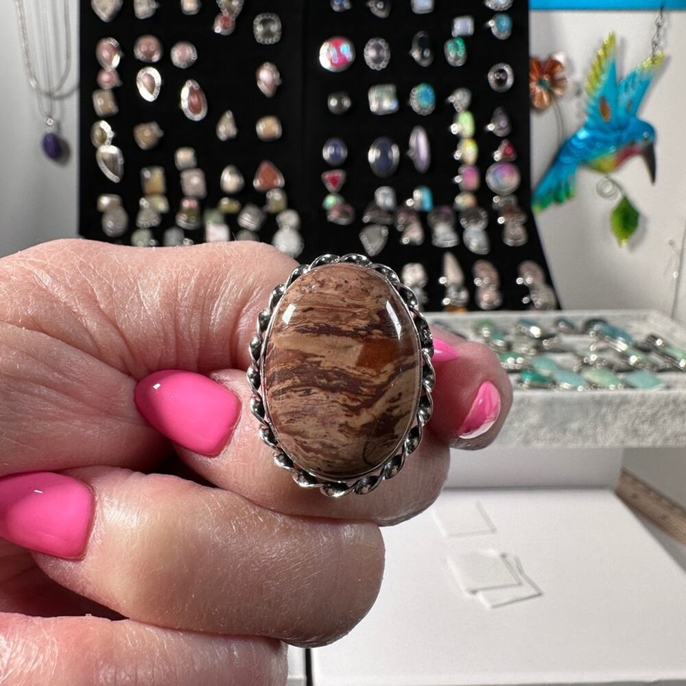 Jasper natural gemstone ring‎ silver plated stamp 925 size 8.5 handmade